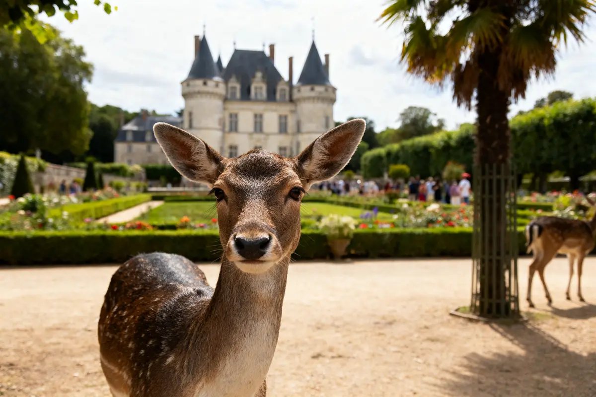 Un cerf dans un jardin fleuri, château en arrière-plan, journée ensoleillée.