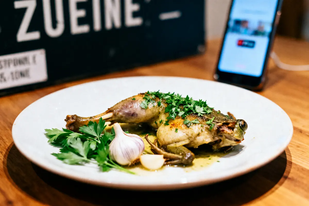 Plat de grenouille assaisonnée, garnie de persil et d'ail, sur table en bois, téléphone en arrière-plan.