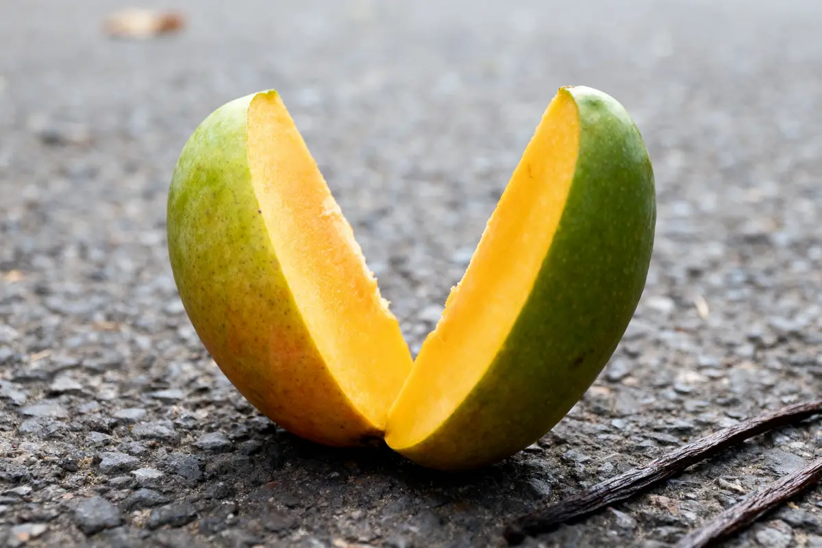 Deux moitiés de mangue coupées, posées sur sol pavé gris, vanille à côté.