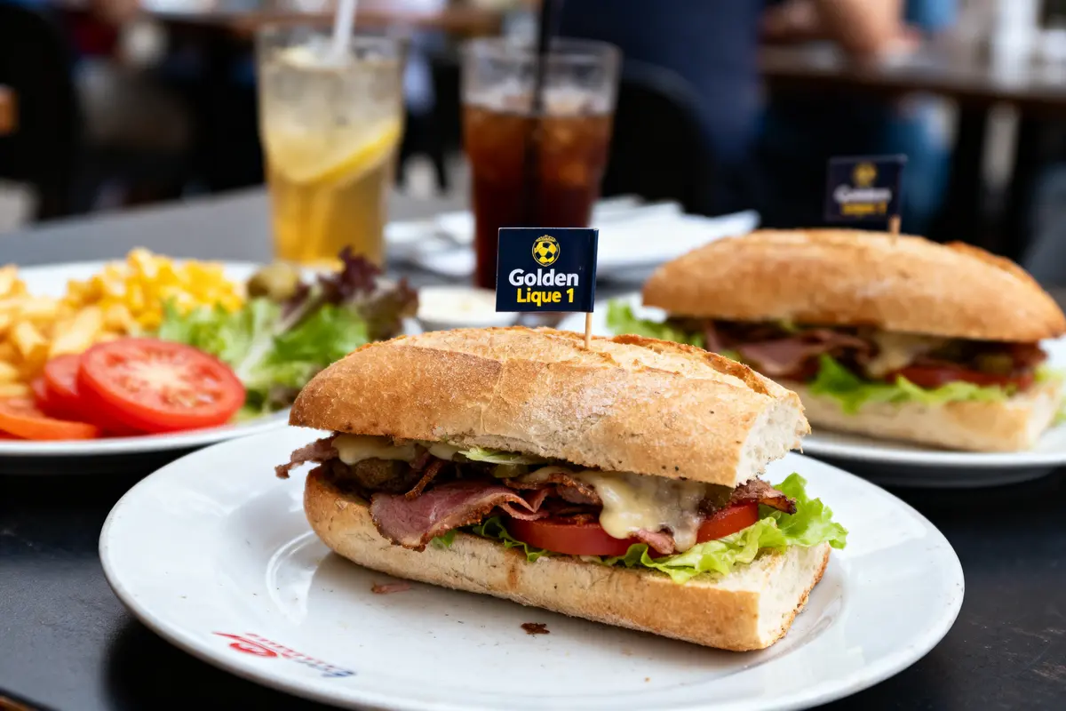 Sandwich sur assiette avec drapeau "Golden Ligue 1", frites, salade, et boissons en arrière-plan.