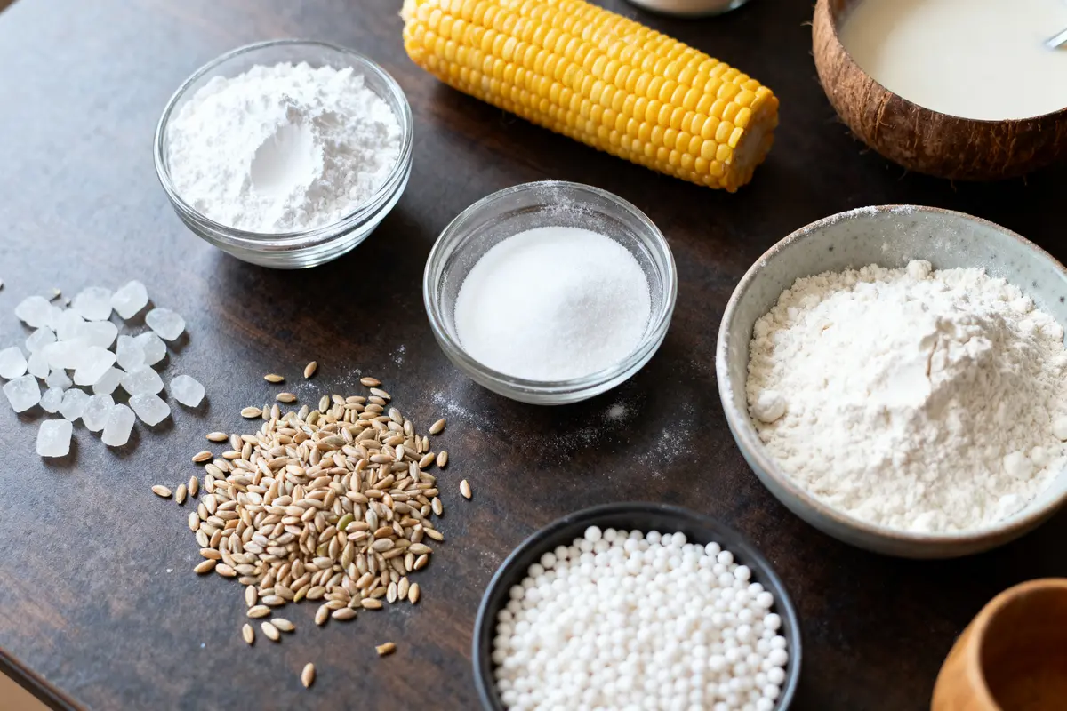 Ingrédients variés sur une table : farine, sucre, grains, fécule, perles de tapioca, épi de maïs, lait.