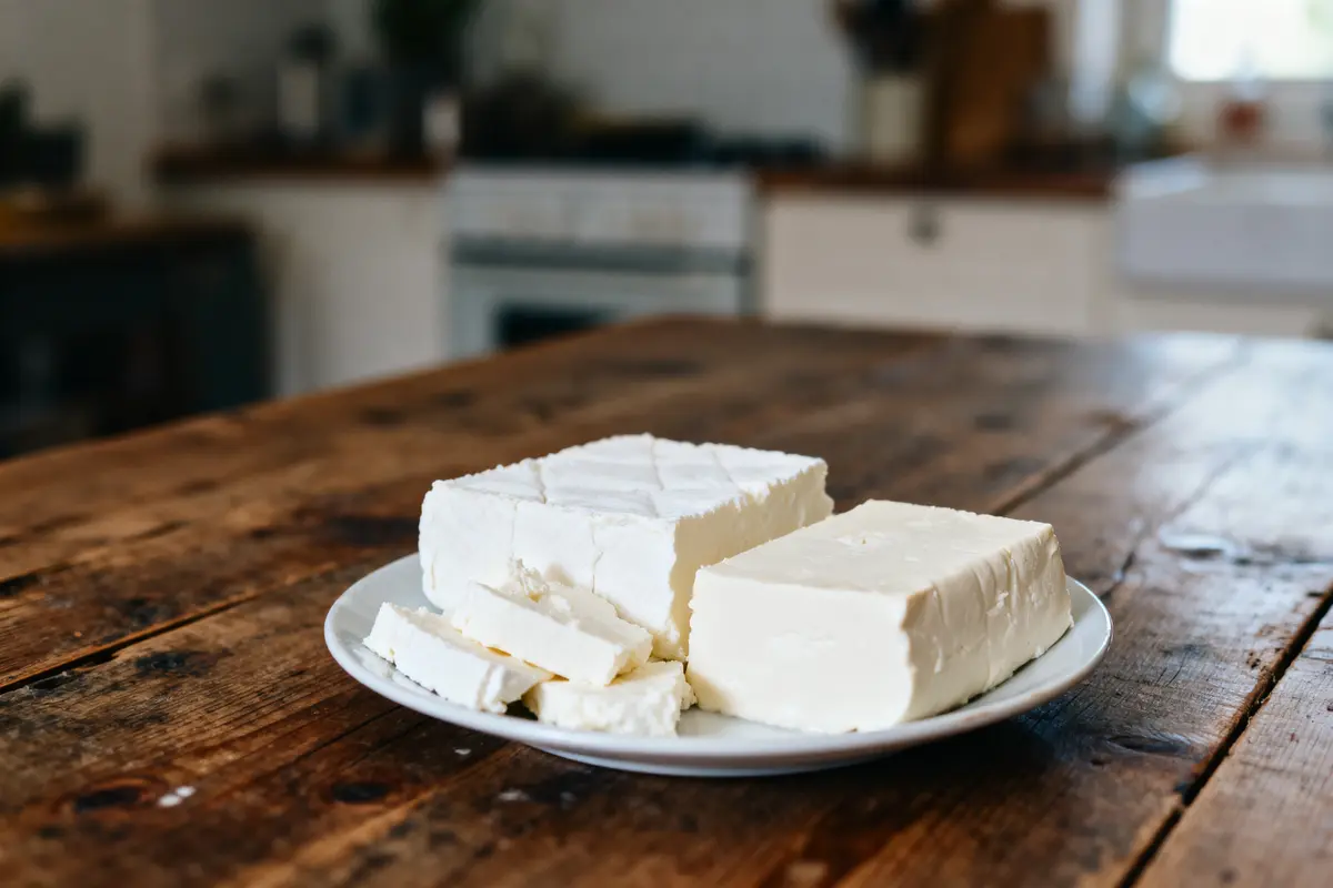 Assiette de fromage blanc coupé en tranches sur table en bois, cuisine en arrière-plan.