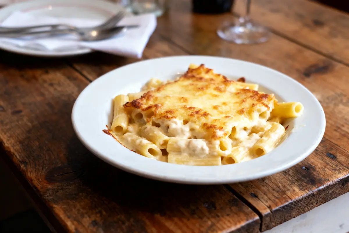Assiette de pâtes gratinées au fromage sur une table en bois.