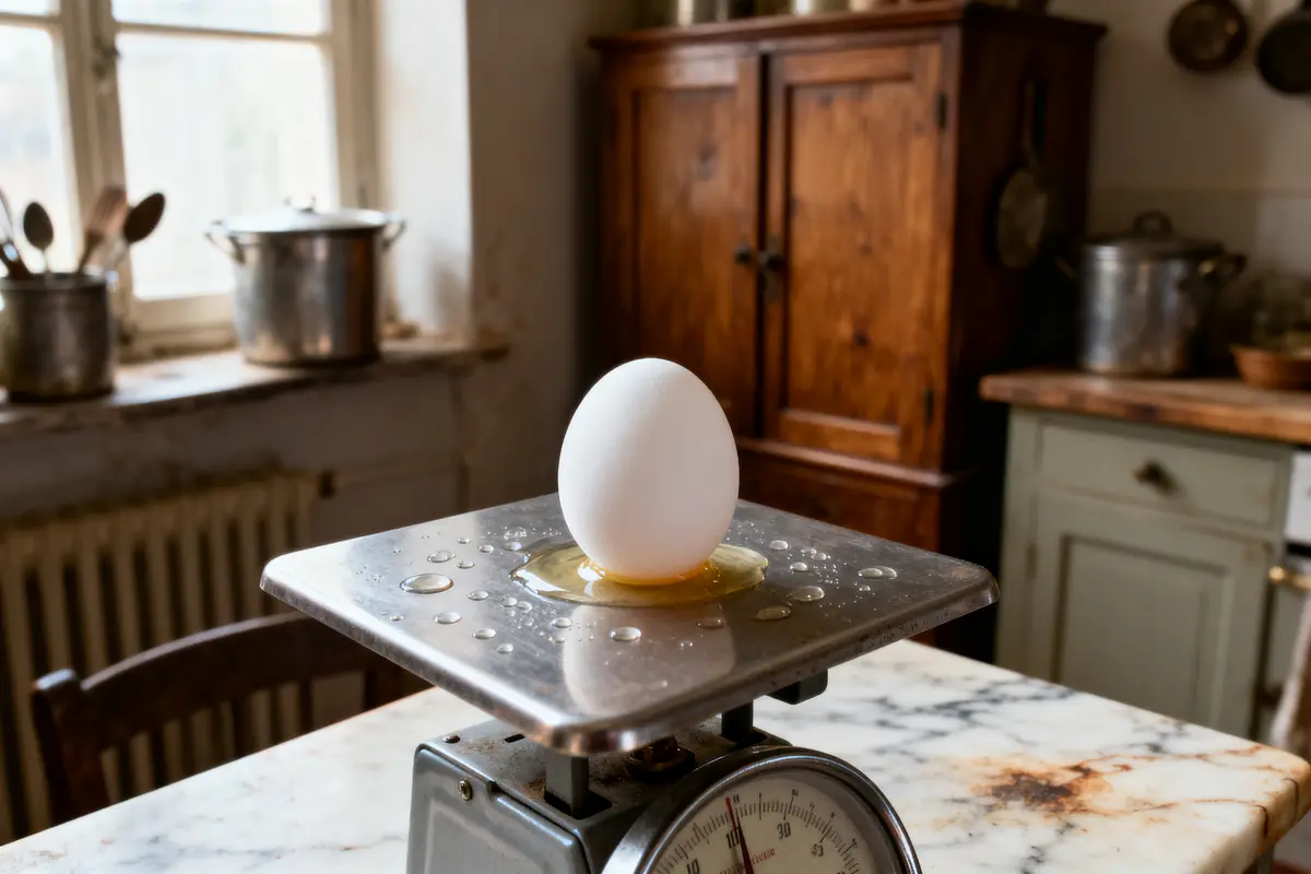 Un œuf cassé sur une balance de cuisine dans une cuisine rustique.