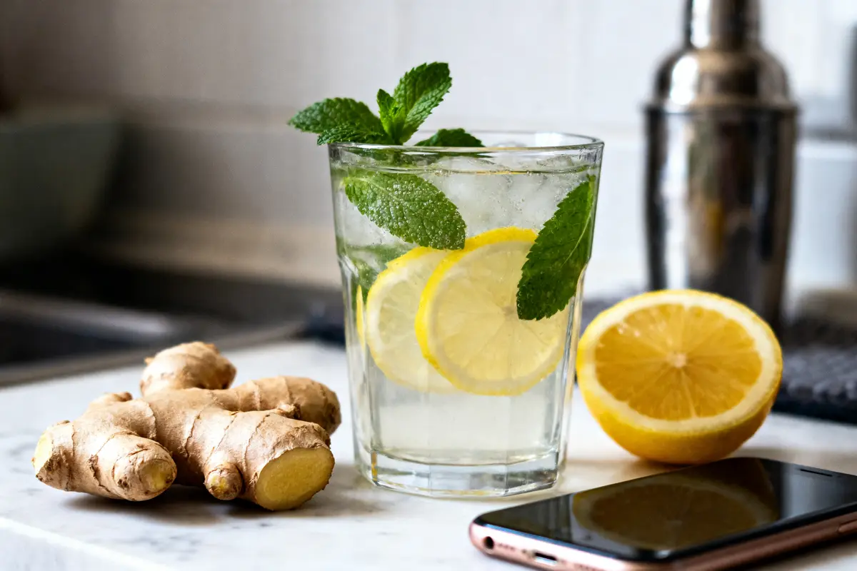 Boisson citron-gingembre avec menthe, glaçons, téléphone et shaker sur un plan de travail en cuisine.