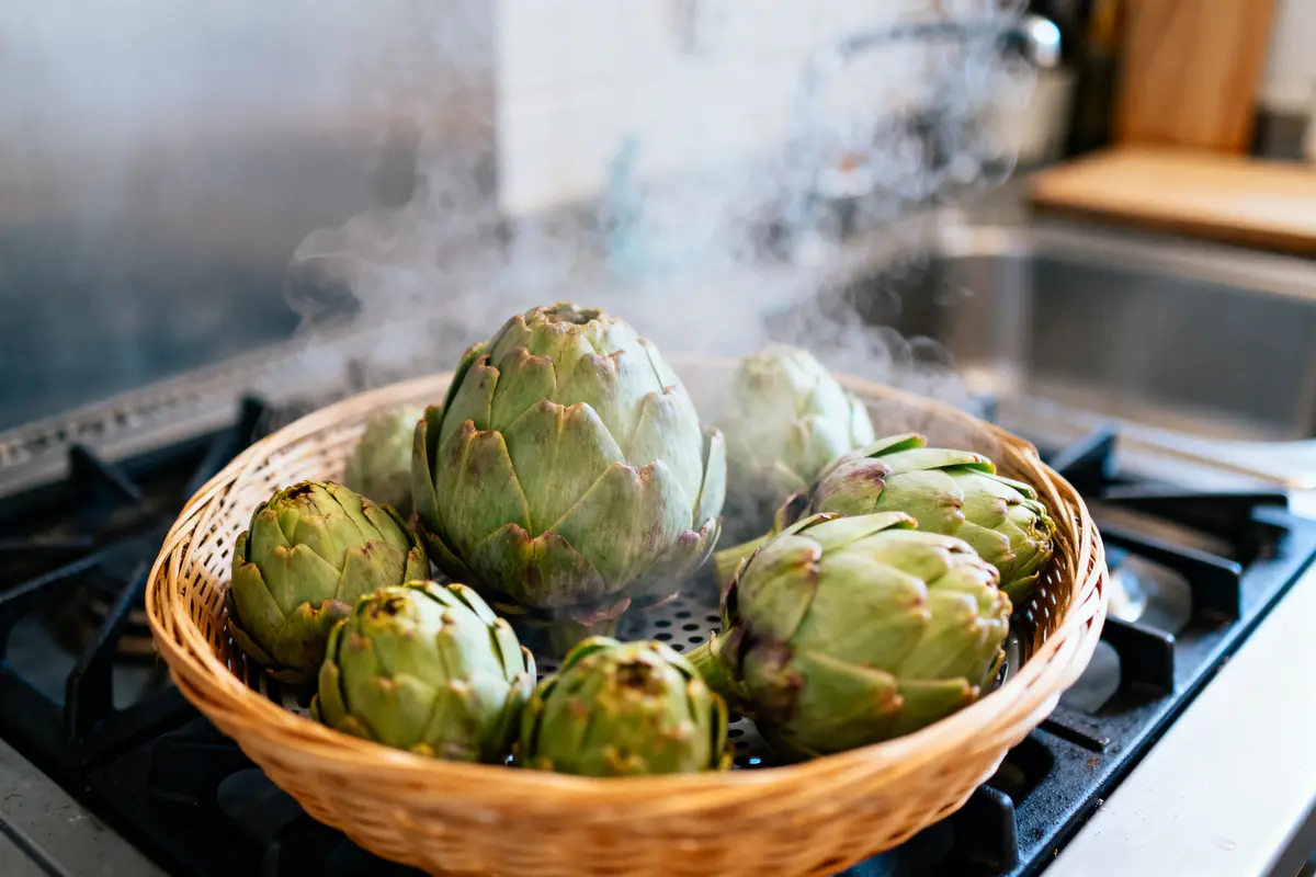 Artichauts cuits à la vapeur dans un panier au-dessus d'une cuisinière allumée, dégageant de la vapeur.